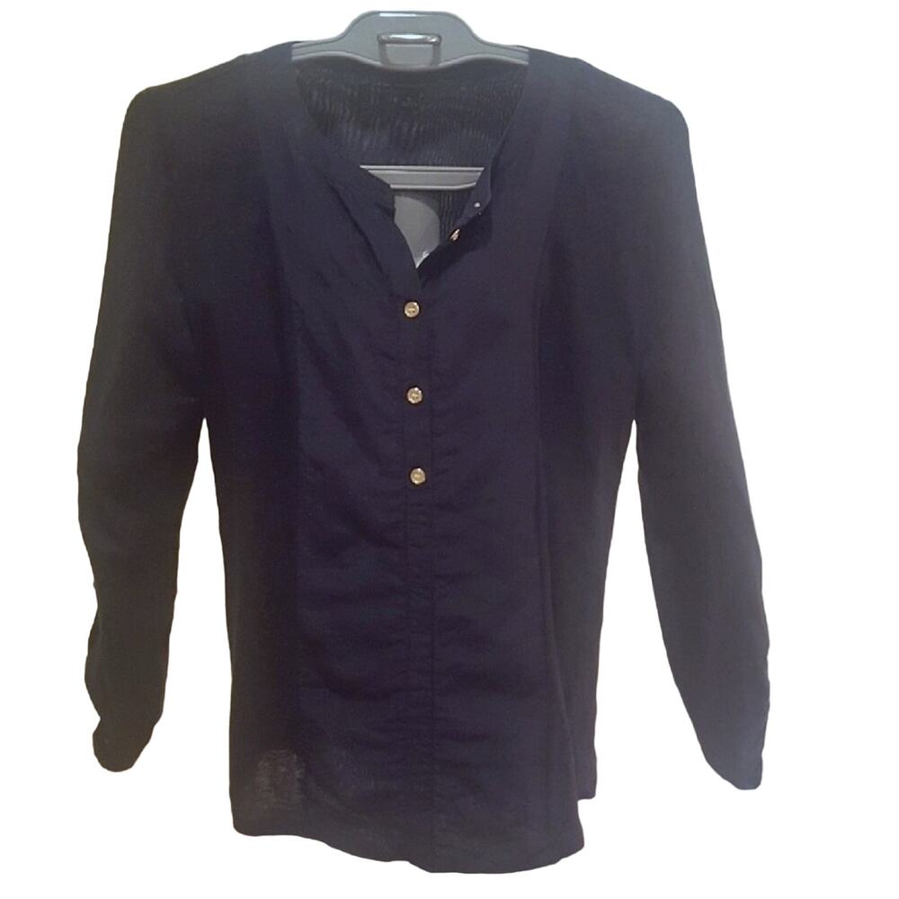 Ann Taylor Linen Long Sleeve Navy Tunic Top